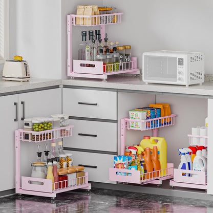 L-Shaped Under Sink Organizer, 2 Pack 2-Tier Pull Out Metal Kitchen Cabinet Organizer with Sliding Storage Drawer, Height Adjustable Heavy Duty Under Bathroom Sink Storage for Cleaning Supplies