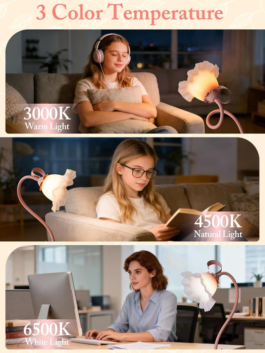 Flower Table Lamp,3 Color Modes LED Desk Lamp,Silicone Flexible Arm Reading Light,Cute Bedside Lamp for Bedroom Living Room Dorm Decor,Perfect Mother's Day Birthday Gift(Pink)