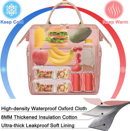 AIJIEKE Large Insulated Lunch Bag for Women, Stylish Leakproof Lunch Box for Work with Multi-Pockets & Adjustable Strap, Reusable Thermal Lunch Tote Cooler for Adult, Picnic, Beach, Pink