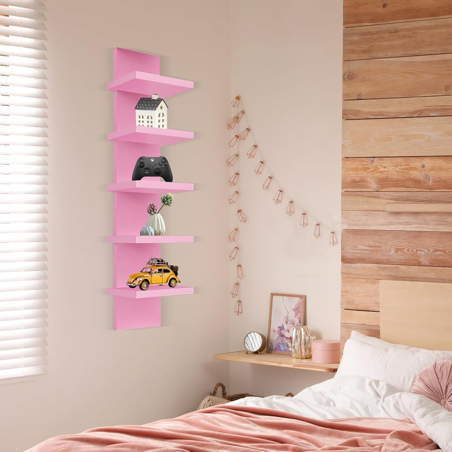 YEXEXINM 5 Tier Wall Shelf Unit - Narrow Smooth Laminate Finish - Vertical Column Wall Decor Mount Floating Storage Home Decor Organizer Tall Tower Utility Shelf for Bedrooms, Living Rooms(Pink)…