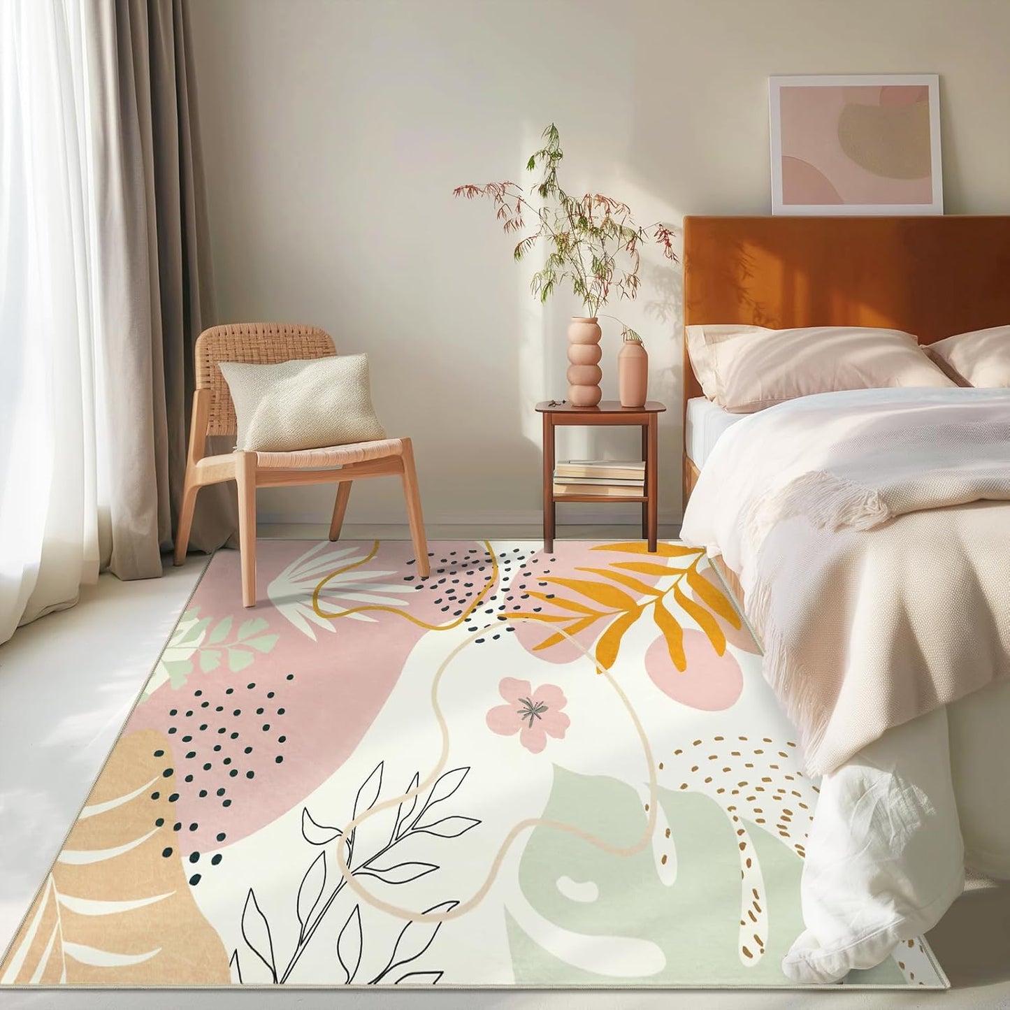 Capslpad Area Rugs 5x7, Washable Nursery Rug, Low Pile Soft Non-Shedding Playroom Carpet, Botanical Print Pink Rugs for Bedroom, Classroom, Living Room
