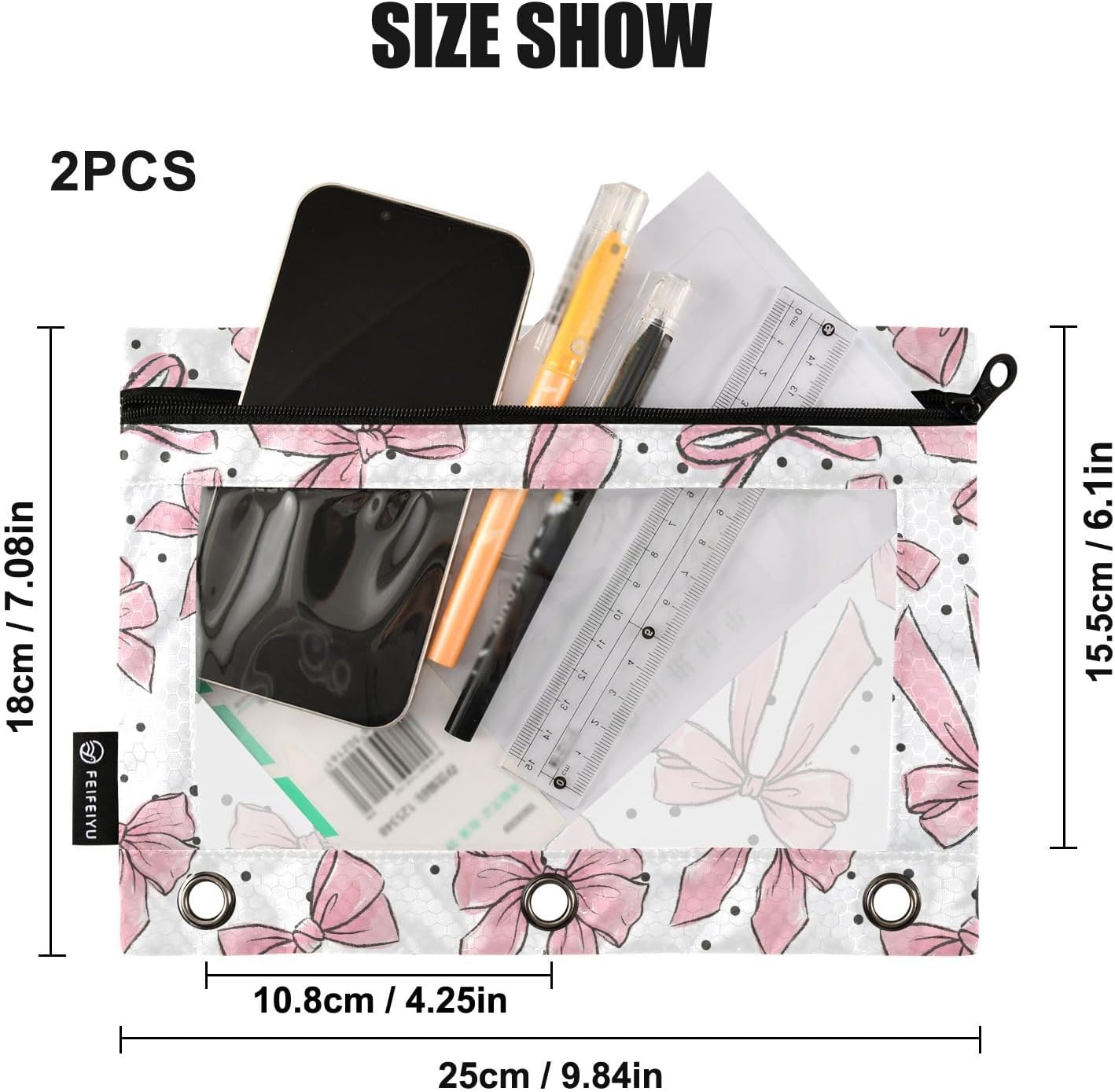 Cute Bows Pink Pencil Pouch for 3 Ring Binder, 2 Pack Waterproof Pencil Bags Clear Window Zipper School Office Supplies