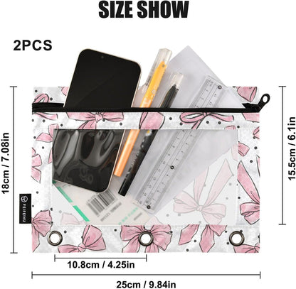 Cute Bows Pink Pencil Pouch for 3 Ring Binder, 2 Pack Waterproof Pencil Bags Clear Window Zipper School Office Supplies