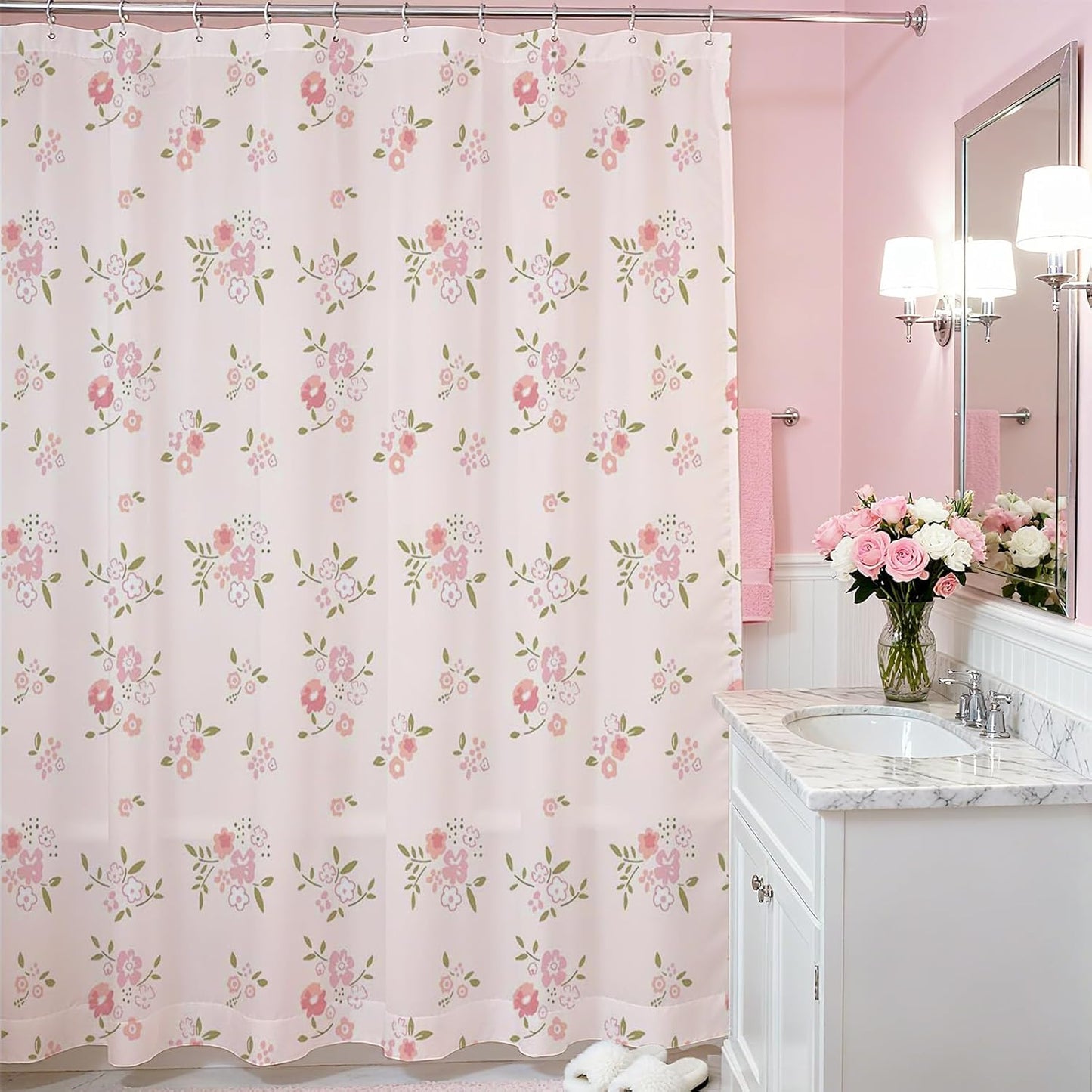 Mocsicka Pink Flower Shower Curtain Girly Shower Curtains for Bathroom Pastel Pink Curtain for Bathtub Gift for Girl (Pink, 71x71inch)