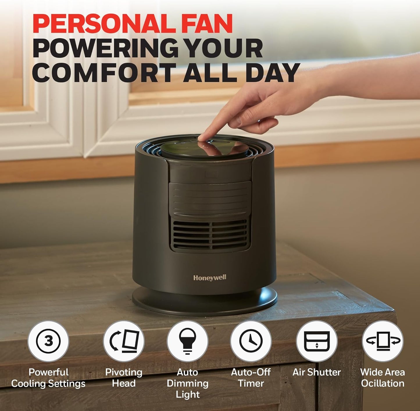Honeywell QuietSet™ Personal Sleep Fan Noise Machine with Pink Noise, 3 Speeds, Adjustable Head, Nightstand and Bedside Fan, Black, HTF300B