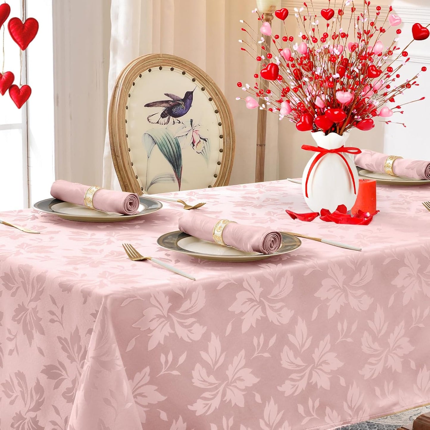 Romanstile Jacquard Rectangle Tablecloth - Waterproof Damask Floral Pattern Decorative Table Cloths Heavy Weight Fabric Table Covers for Dinner/Parties/Outdoor - 60 x 84 Inch, Pink
