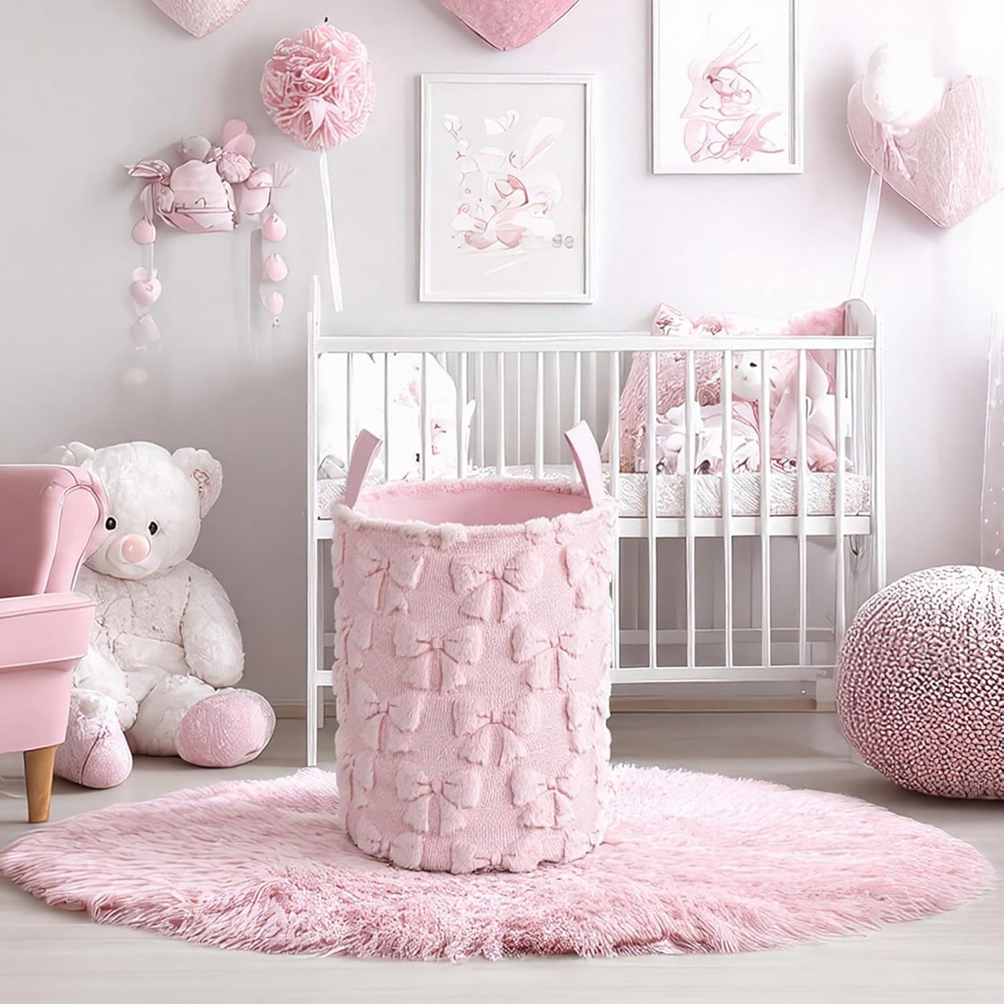 Coquette Pink Bow Laundry Basket 18 x 14 Inch Coquette Storage Basket for Girls Nursery Hamper Foldable Fluffy Plush Storage Bin with Handle for Home Nursery Laundry