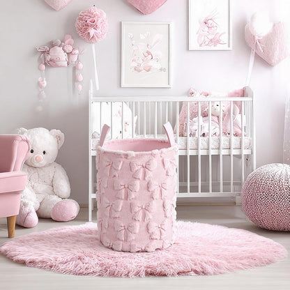 Coquette Pink Bow Laundry Basket 18 x 14 Inch Coquette Storage Basket for Girls Nursery Hamper Foldable Fluffy Plush Storage Bin with Handle for Home Nursery Laundry