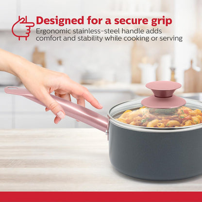 Holstein Housewares 1.5QT Ceramic Nonstick Saucepan with Glass Lid, Multipurpose Sauce Pan with Stainless Steel Handle, Induction Bottom – Stylish, Durable & Easy to Clean, Cool Grey & Rose Gold