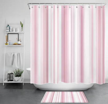 LB Aesthetic Pink Stripe Shower Curtain Sets with Rugs Abstract Geometric Pink and White Vertical Striped Fabric Shower Curtain with Hooks Modern Bathroom Curtains Shower Set, 70x70 inches