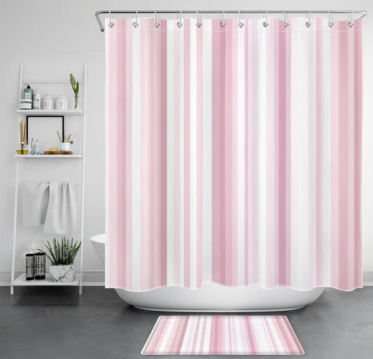 LB Aesthetic Pink Stripe Shower Curtain Sets with Rugs Abstract Geometric Pink and White Vertical Striped Fabric Shower Curtain with Hooks Modern Bathroom Curtains Shower Set, 70x70 inches