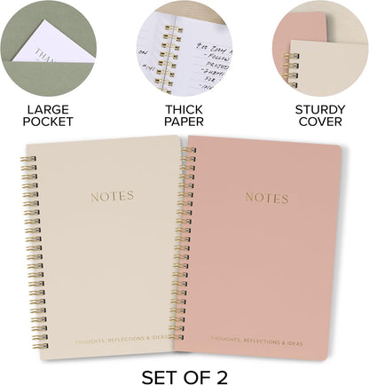 Aesthetic Spiral Notebook Set of 2 For Women and Men - Cute College Ruled 8x6 Bible Study Journal/Notebook with Pockets And Lined Pages - Perfect A5 Supplies to Stay Organized at Work or School