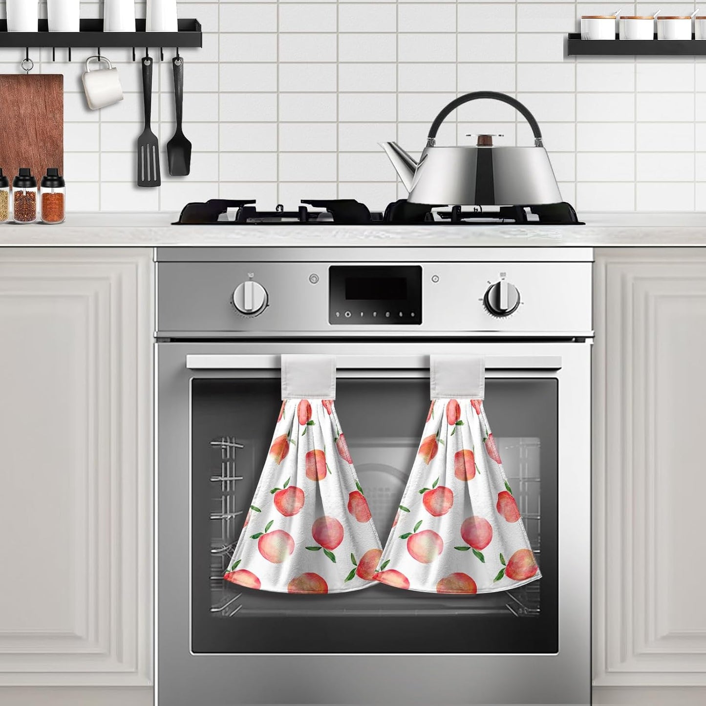 Peach Hanging Kitchen Towel Set of 2 Spring Summer Pink Fruit Hand Towels with Loop Decorative Tie Towels Soft Absorbent Hanging Dish Towel for Bathroom Kitchen Home Decor 17 * 12 Inch