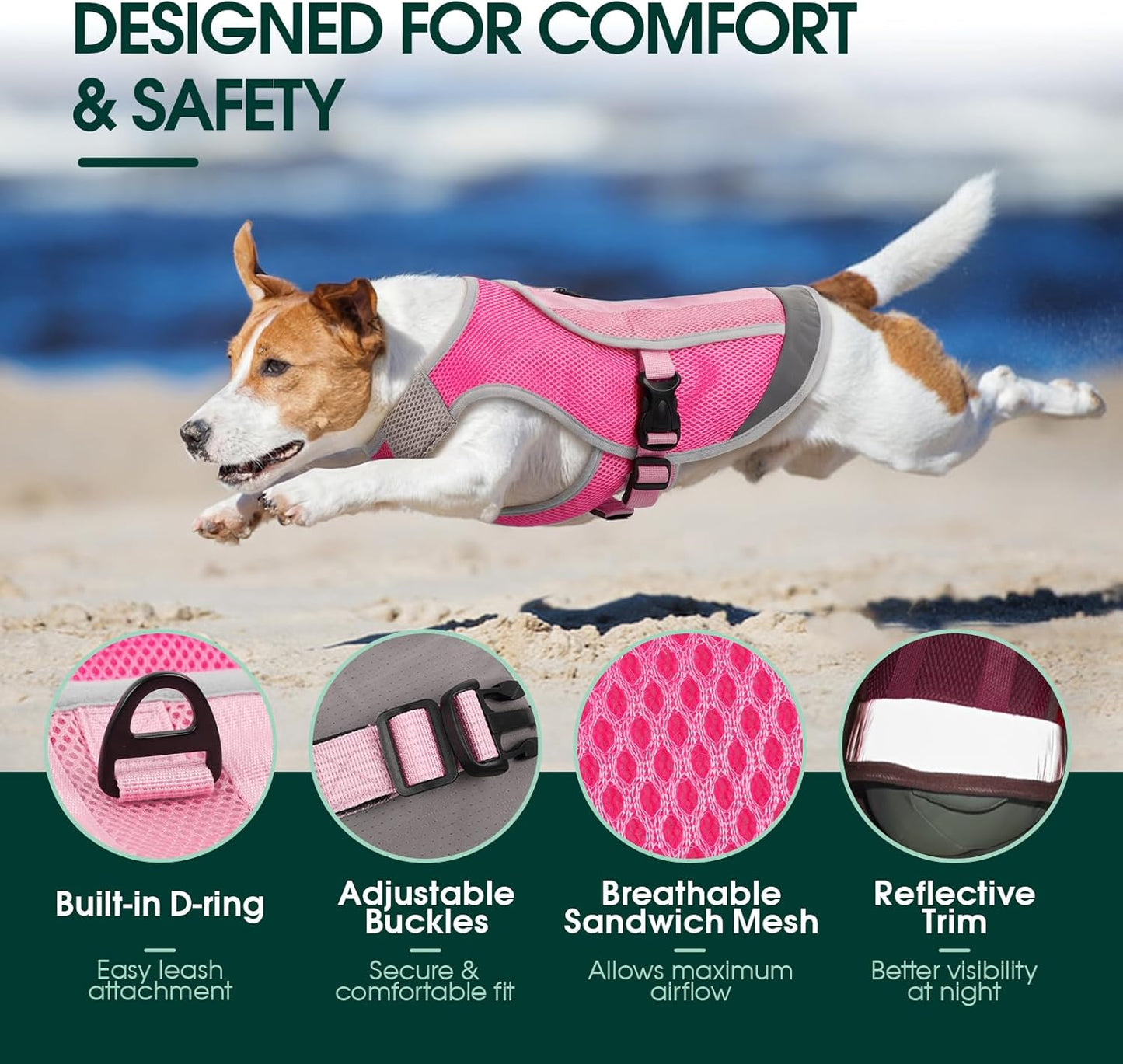 Kuoser Dog Cooling Vest for Dogs, Lightweight Dog Cooling Harness Shirt with Reflective Stripe, Breathable Mesh Cooler Jacket Pet Cool Vest for Small Medium Large Dogs Summer Hot Weather, Pink L