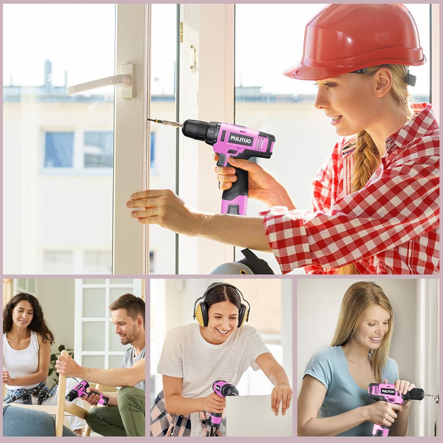 PULITUO 12V Pink Cordless Drill Set Power Drill Kit with Battery and Charger,electric drill home improvement,3/8-Inch Keyless Chuck,Built-in LED,21+1 Torque Setting