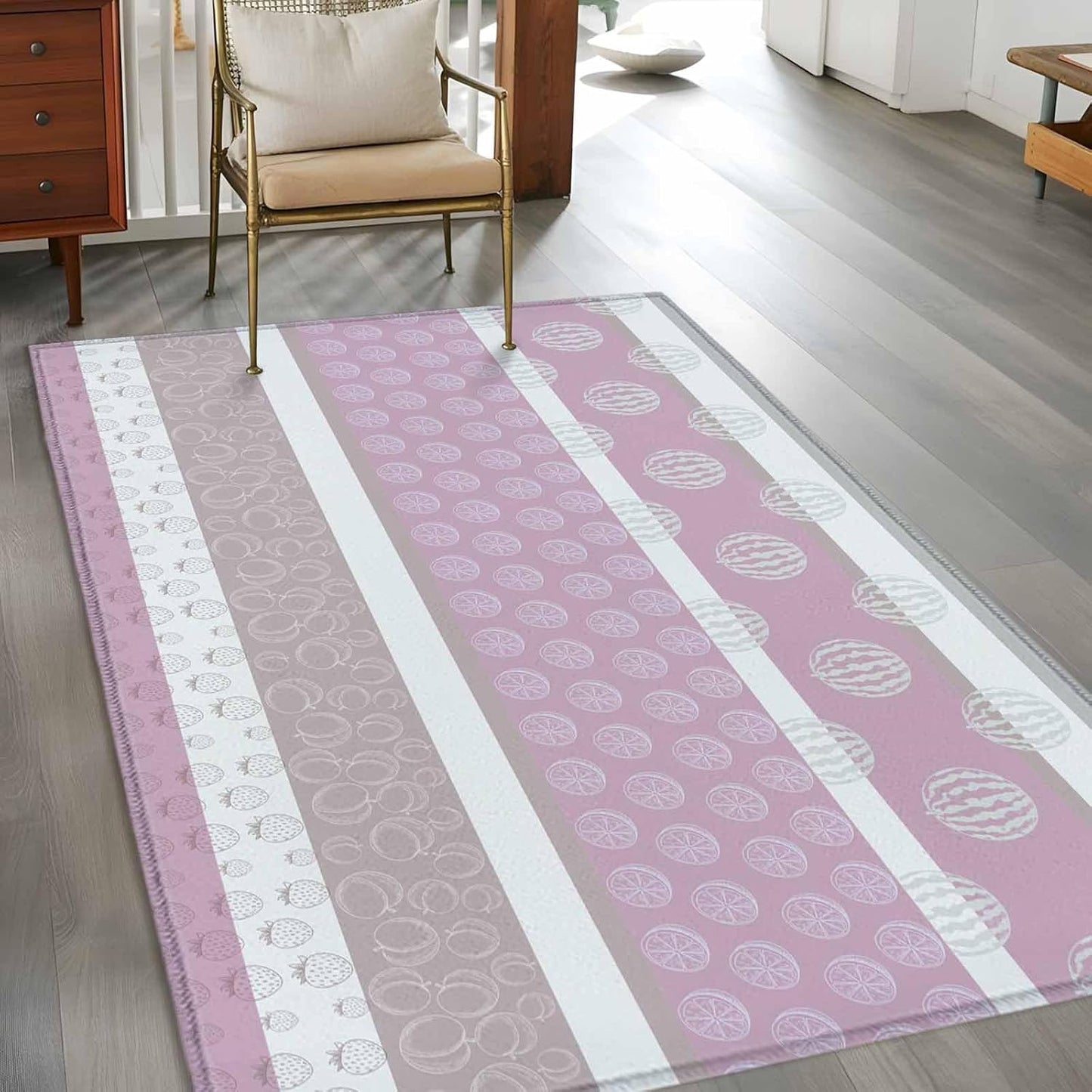 Area Rug 3'x5', Farm Fruits Non-Slip Runner Rug Carpet for Bedside, Watermelon Lemons Peach Pink Grey Striped Washable Outdoor Indoor Area Rugs Mat for Entryway/Living Room/Bedroom/Kitchen/Office