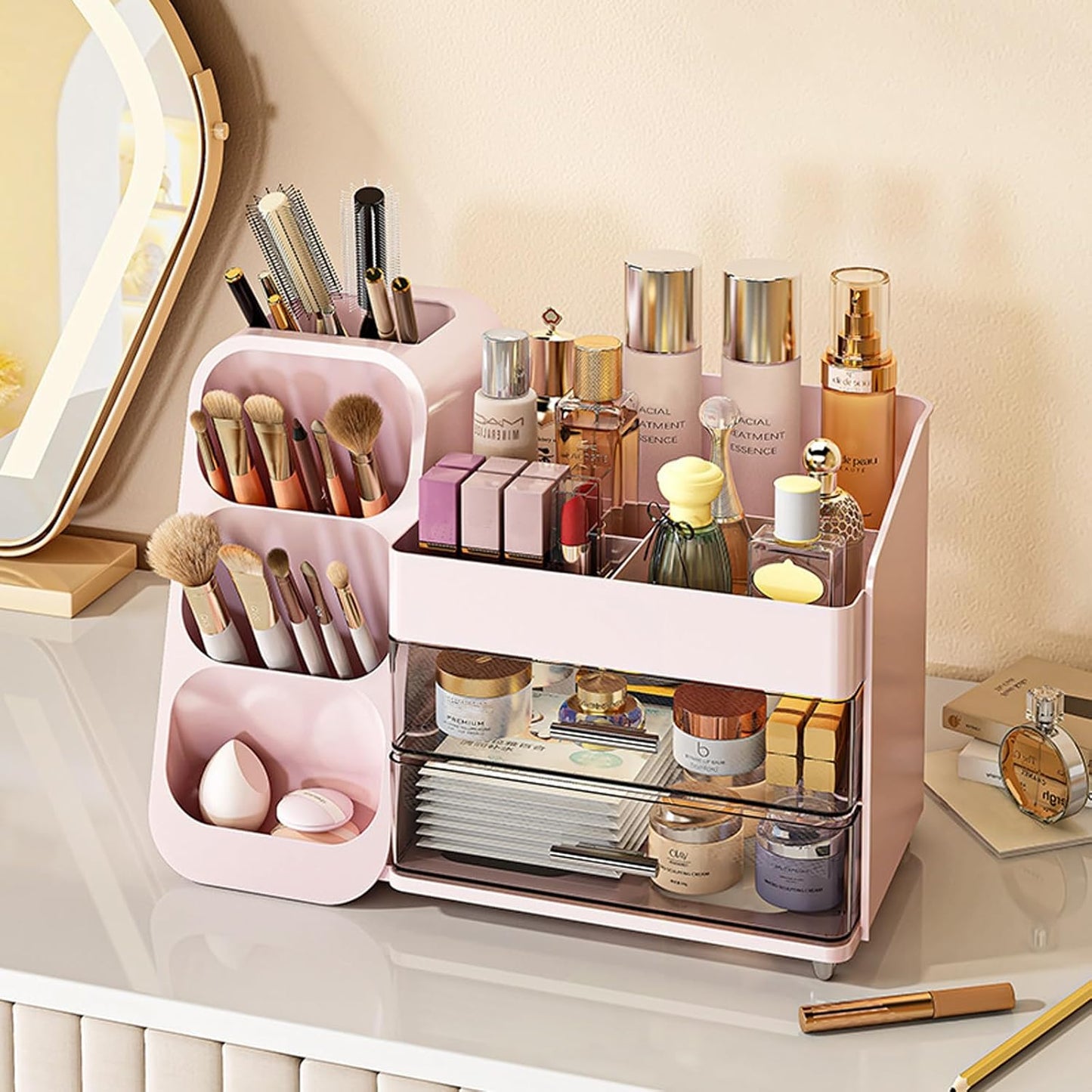 Makeup Organizer Countertop, Spacious Cosmetic Display Case with Makeup Brush Holder, Perfect Vanity Bathroom Organizer and Storage, Pink