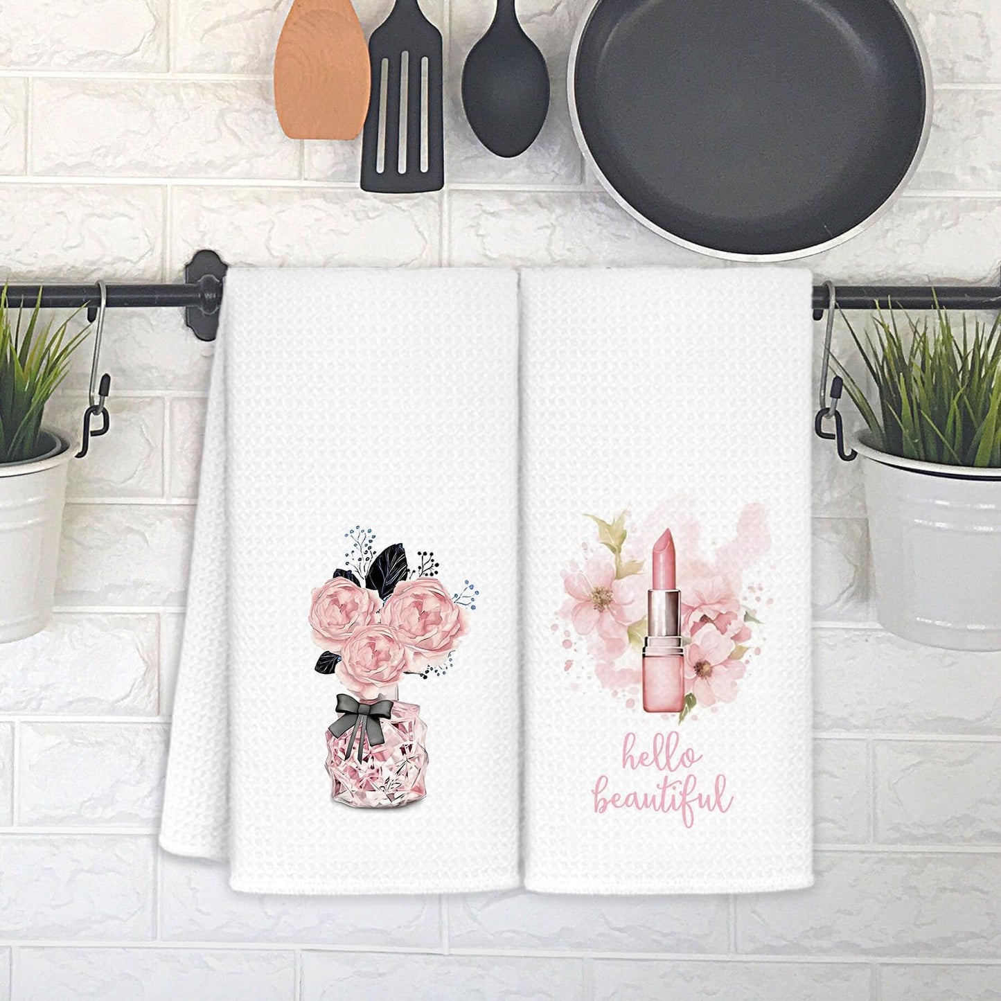 Preppy Pink Hand Towels Set of 2 16x24 Inch, Pink and Black Bathroom Decor, Floral Perfume Lipstick Coquette Girly Kitchen Dish Towels Decorative