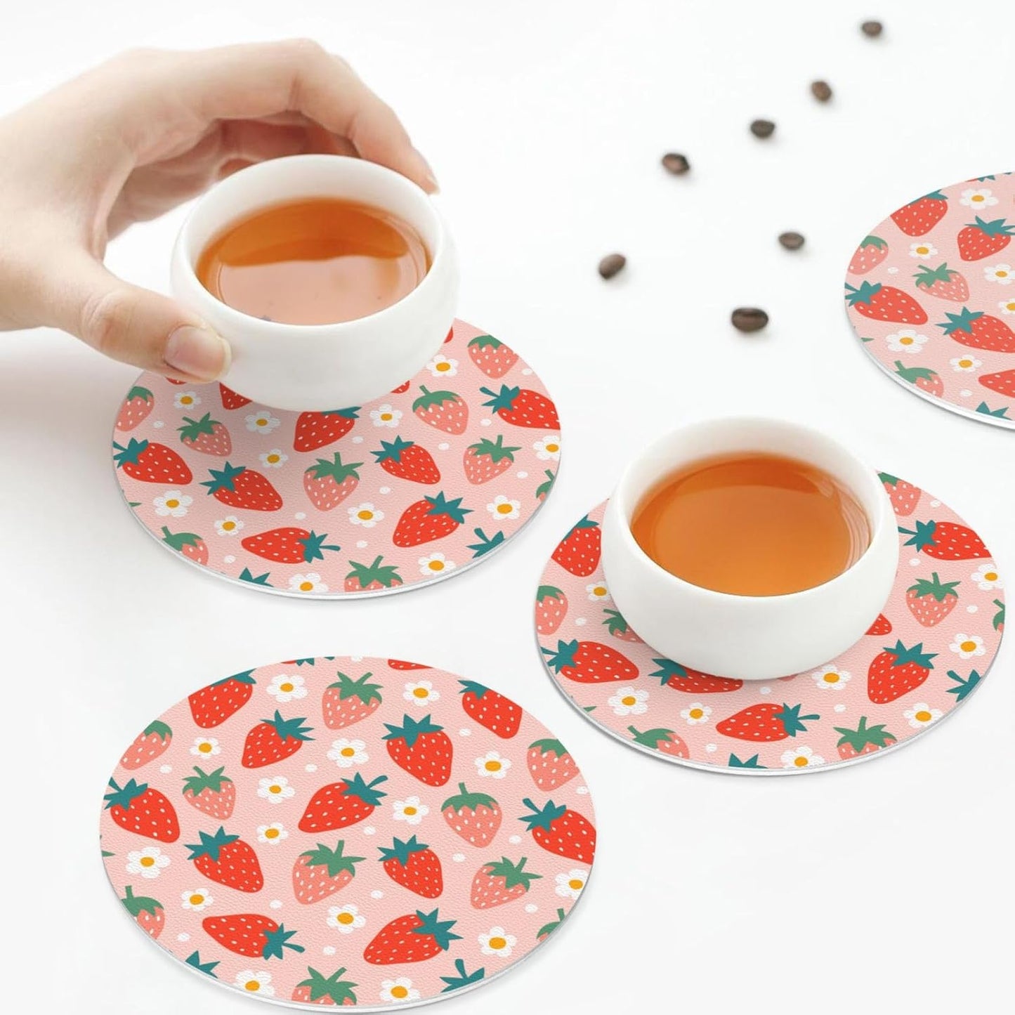 Strawberry and Flowers Cute Pink 6 Pcs Drink Coasters - Leather Coasters Set - Resistant Round Coaster Non-Slip Table Mat - Kitchen Bar Home Decor Housewarming Gift