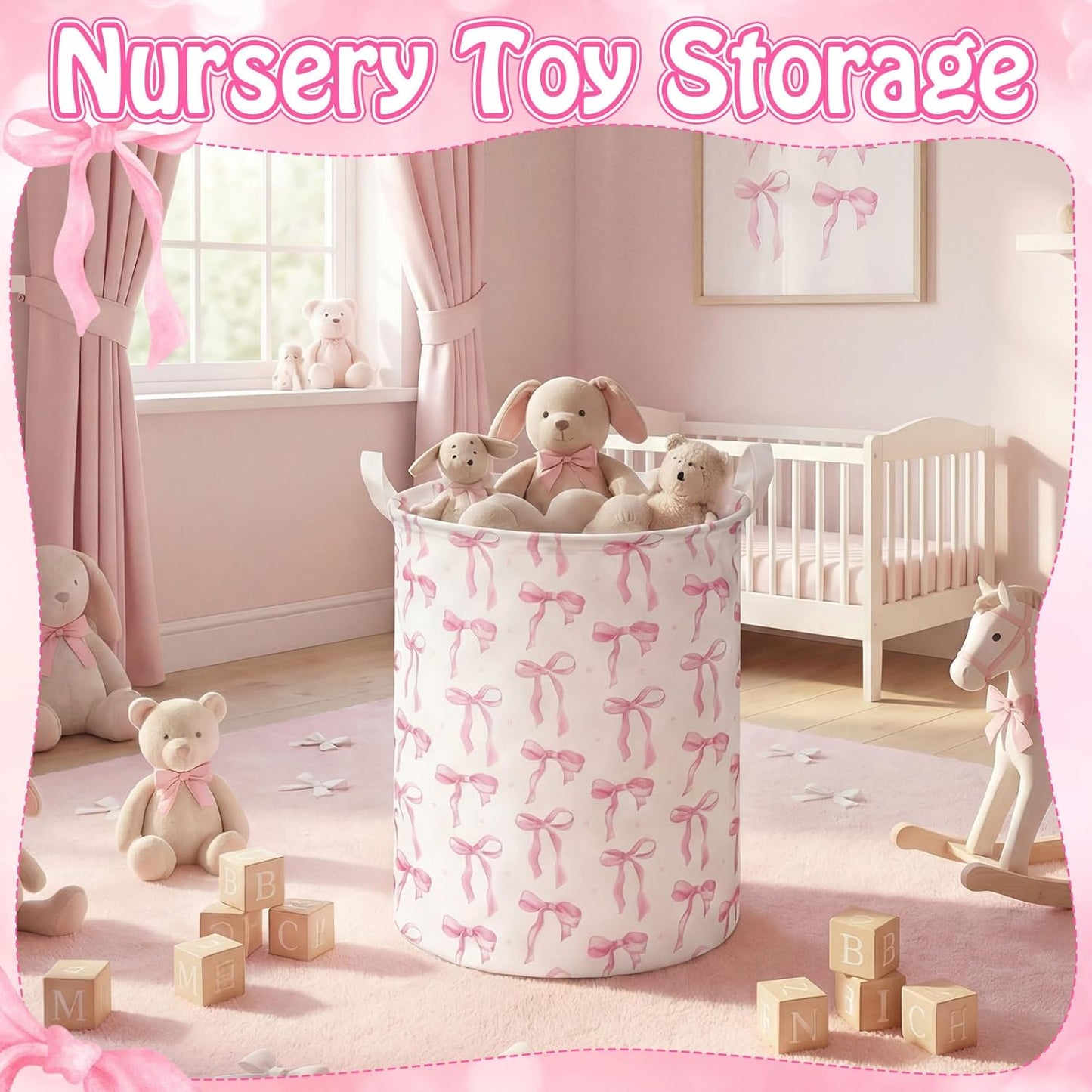 CroBlissful 1 Pcs Coquette Pink Bow Laundry Basket Pink Bow Nursery Laundry Basket Hamper Waterproof Collapsible Storage Bin Organizer for Bedroom Bathroom Room Dorm Clothes Toys
