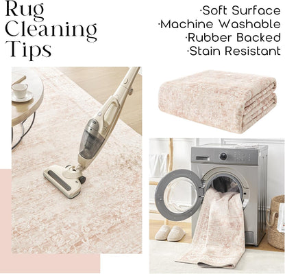Pink Area Rug for Living Room Low Pile Soft 8 x 10 Carpet with Non Slip Washable Neutral Boho Floral Rugs for Hardwood Floor Protector Extra Large Area Rugs 8x10 for Big Nursery Bedroom Livingroom