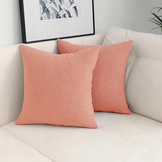Jeneoo Coral Pink Decorative Square Thick Throw Pillow Covers Fine Textured Boucle Couch Cushion Cases for Sofa Decor, Set of 2, 18 x 18 Inch