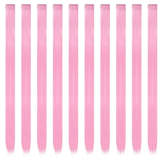 FESHFEN Colored Clip in Hair Extensions - 10 PCS Pink Highlighted Hair Piece Straight Synthetic Clip in Hairpieces for Women 22 inch
