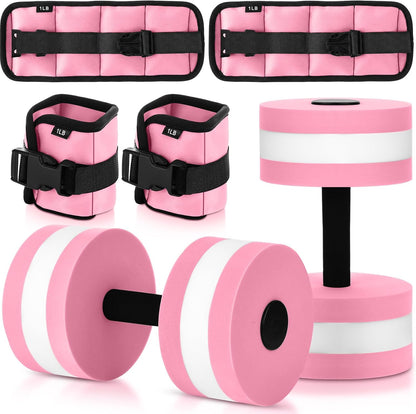 Hollowfly Water Aerobics Set, 4 Piece Pool Exercise Kit (2 Aquatic Dumbbells + 2 Ankle/wrist Weights), EVA Foam, Low-impact Workout