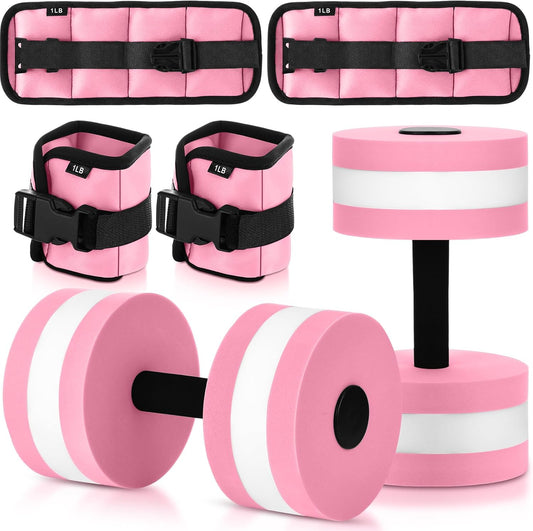 Hollowfly Water Aerobics Set, 4 Piece Pool Exercise Kit (2 Aquatic Dumbbells + 2 Ankle/wrist Weights), EVA Foam, Low-impact Workout