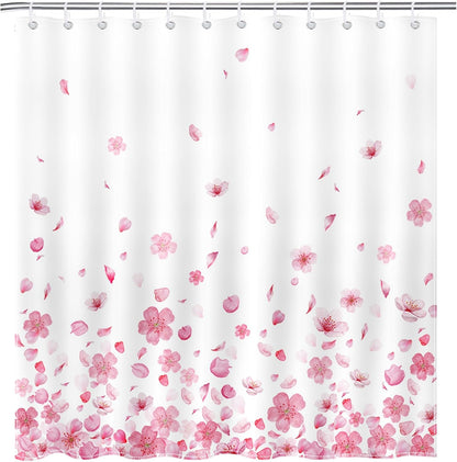 Mocsicka Pink Floral Shower Curtain Pink Petal Spring Cherry Blossom Bathroom Shower Curtain Flower Waterproof Fabric Shower Curtains Bathtub Decor with 12 Hooks 72 X 72 Inch (Pink)