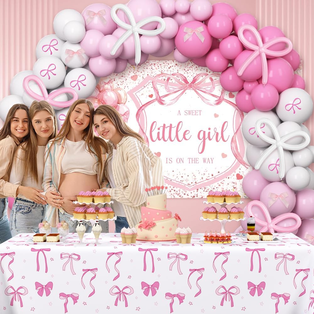 AIBIIN 120Pcs Pink Baby Shower Decorations for Girls, Pink Bows A Sweet Little Girl is on The Way Coquette Backdrop Balloon Set with Bow Tablecloth Newborn It's A Girl Party Banner Photo Booth Props