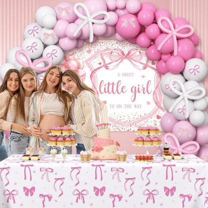 AIBIIN 120Pcs Pink Baby Shower Decorations for Girls, Pink Bows A Sweet Little Girl is on The Way Coquette Backdrop Balloon Set with Bow Tablecloth Newborn It's A Girl Party Banner Photo Booth Props