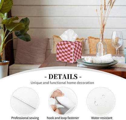 Retro Check Pattern Pink and Brown Checkerboard Square Leather Tissue Box Cover - Bathroom Vanity, Nightstand & Countertop, Elegant Home Office Decor