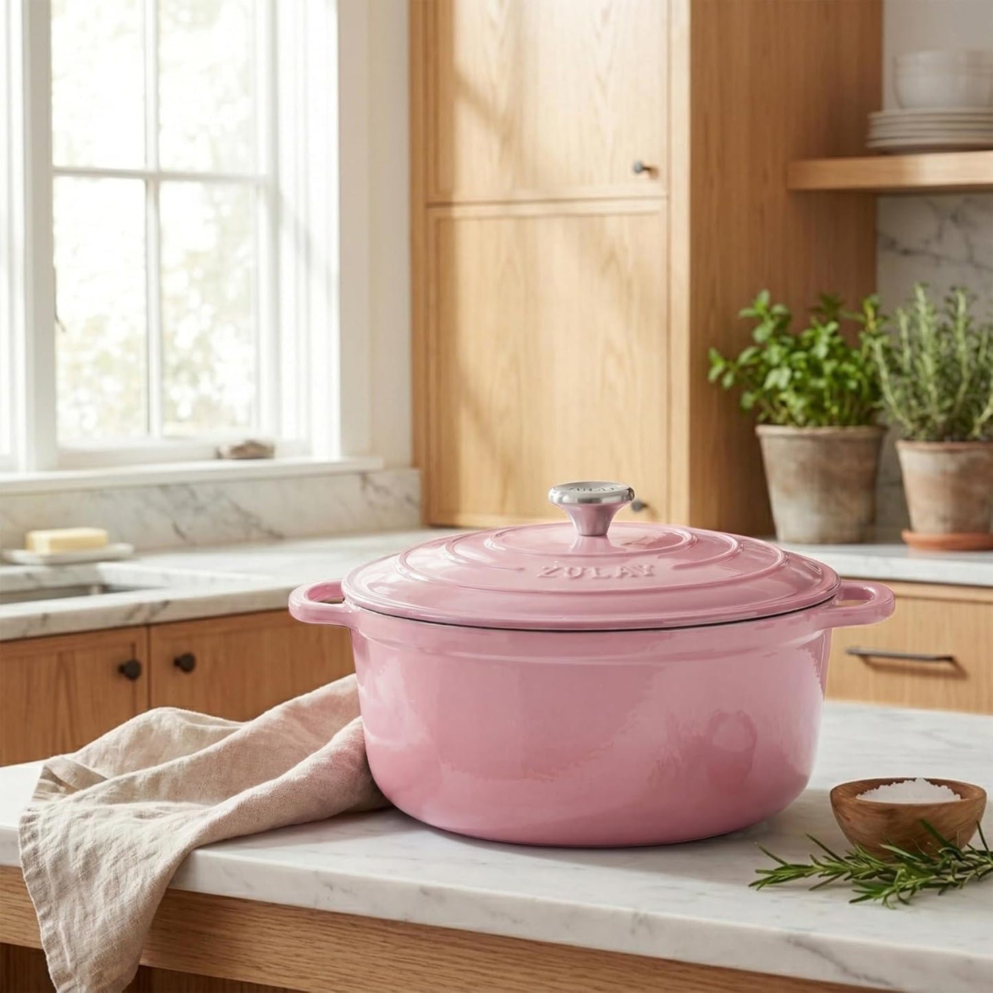 Zulay Kitchen 6.4QT Enameled Cast Iron Dutch Oven Pot with Lid, Heavy-Duty Soup Pot for Stews, Braising, Roasting & Sourdough Bread Baking, Oven Safe up to 500°F - Pink