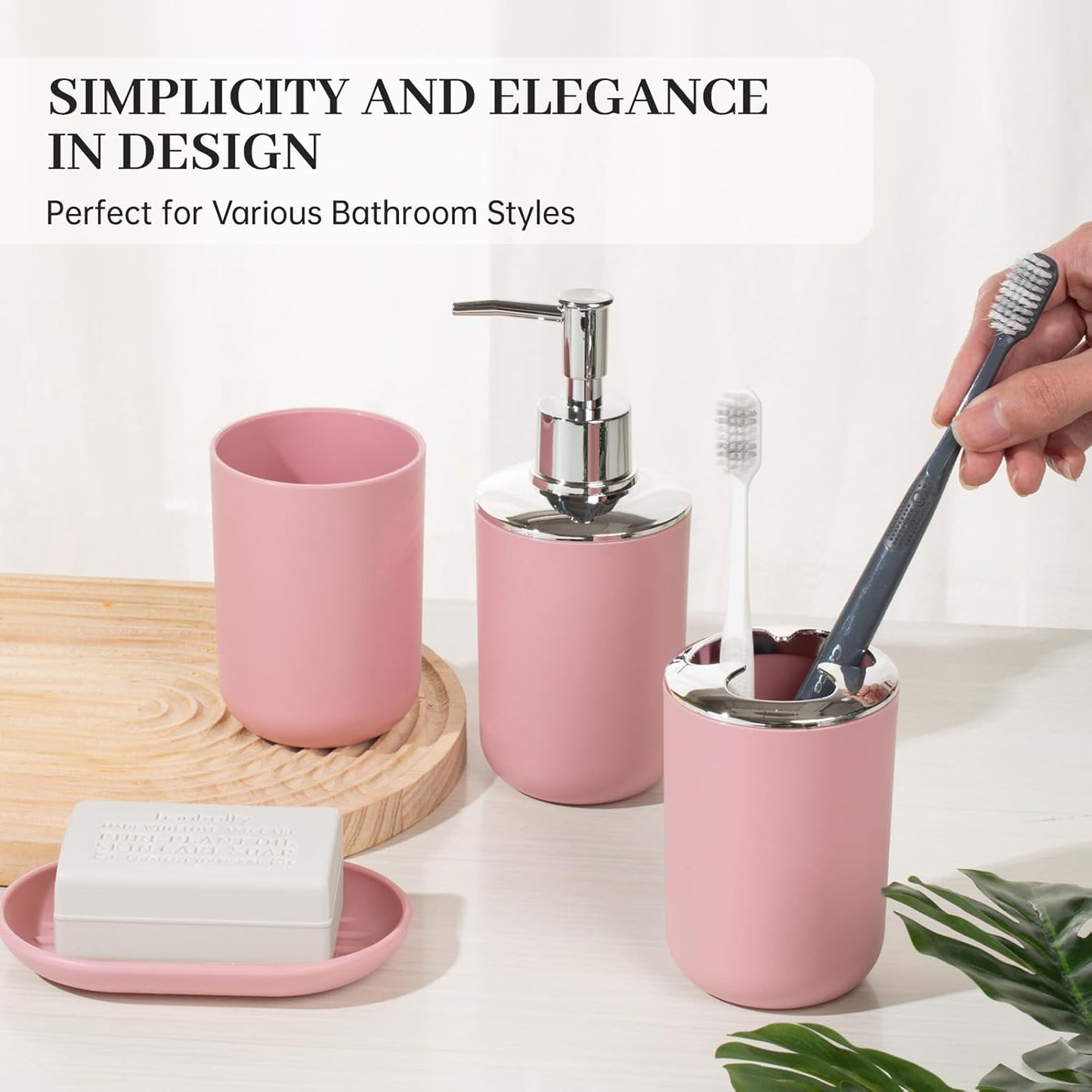 Bathroom Accessory Set, 4 Pcs Plastic Bathroom Set Include Soap Dispenser, Soap Dish, Toothbrush Holder, Mousewash Cup, Modern Bahtroom Décor Set, Space Save for Bathroom(Light Pink)