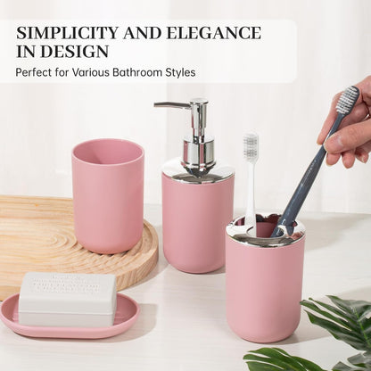 Bathroom Accessory Set, 4 Pcs Plastic Bathroom Set Include Soap Dispenser, Soap Dish, Toothbrush Holder, Mousewash Cup, Modern Bahtroom Décor Set, Space Save for Bathroom(Light Pink)