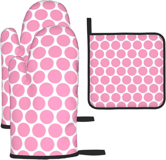 3PCS Oven Mitts and Pot Holders Sets, Light Pink Polka Dot Pattern Oven Mitts Set Heat Resistant Kitchen Microwave Gloves Safe for Baking,Cooking, BBQ
