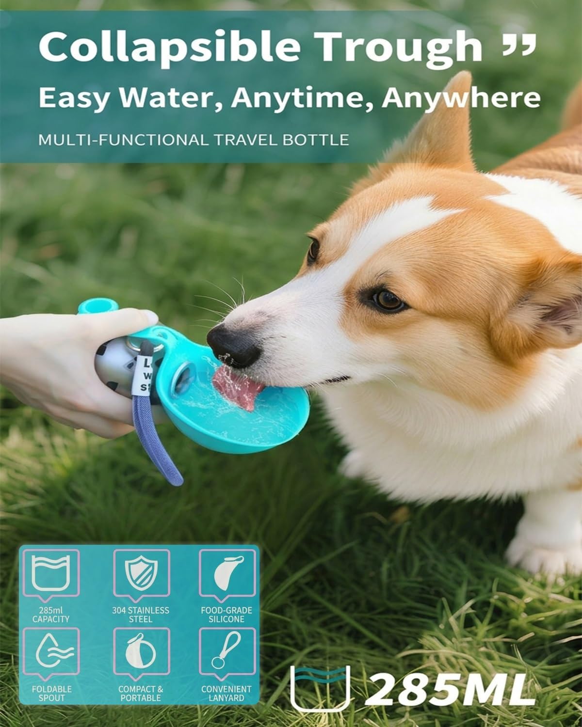 Dog Water Bottle with Bowl 2-in-1 Portable Leak Proof 10 OZ Puppy Travel Drink Dispenser for Large Medium Small Breeds Stainless Steel Hydration Tumbler Buddy Cup for Dogs Pets Outdoor(Pink A)