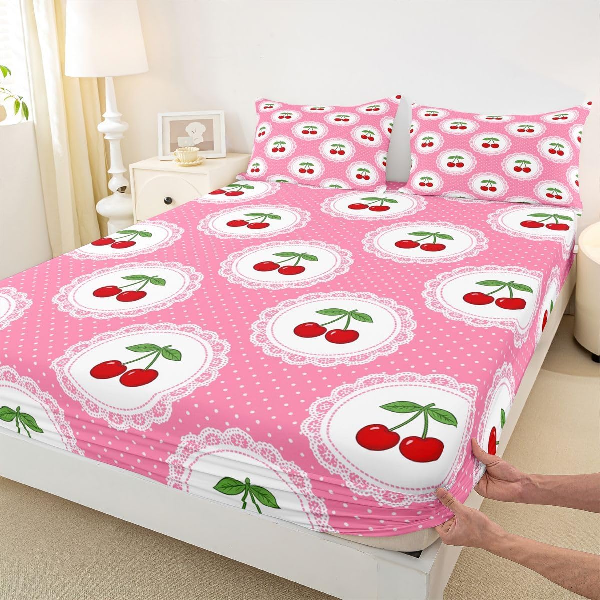 Manfei Cute Cherry 3pc Bedding Set Polka Dots Fruits Deep Pocket Bed Cover for Kids Boys Girls Princess Style Sheet Set(Queen Flat & Fitted Sheet with 2 Pillow Cases),Peach Pink