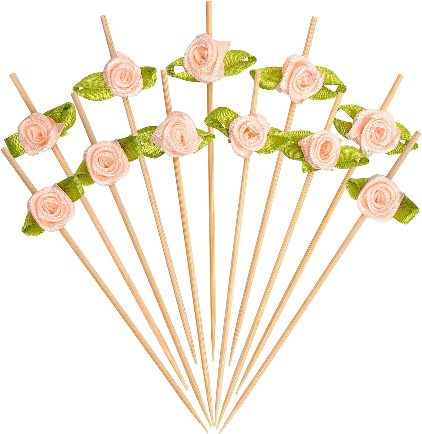 Minisland Pink Rose Flower Cocktail Picks, 4.7 Inch Long Bamboo Fancy Toothpicks for Appetizers, Decorative Bridal Shower Wedding Valentines Party Food Drinks Fruit Skewer Sticks 100 Counts - MSL222