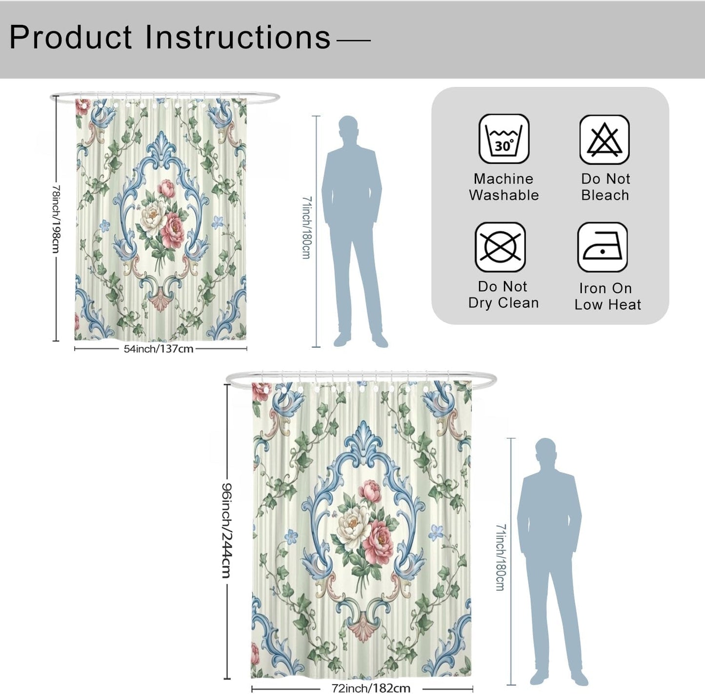 Rose Shower Curtain, Classic Elegant Ivy Vine Spring Pastel Peach Waterproof Fabric Toile Cloth Shower Curtains for Bathroom Bathtub Apartment Decor 54x78 Inch