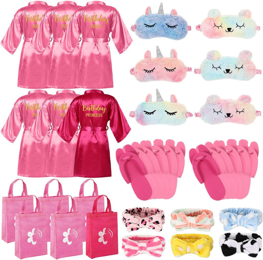 Shihanee 30 Pcs Spa Birthday Party Supplies 6 Set Sleepover Party Satin Robes Pack Birthday Princess Squad Kit
