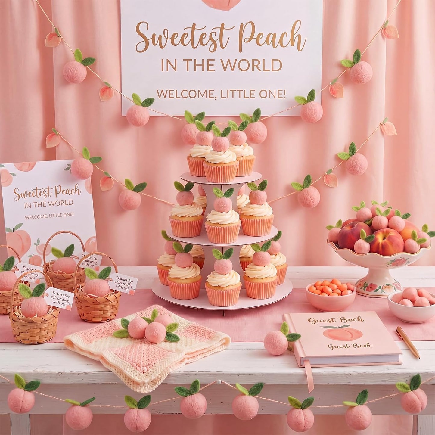 Moukeren 36 Pcs Peach Party Decorations Artificial Felt Fake Peach Cute Faux Peaches Centerpieces for Table Birthday Baby Shower Gender Reveal Party Decor Photography Prop