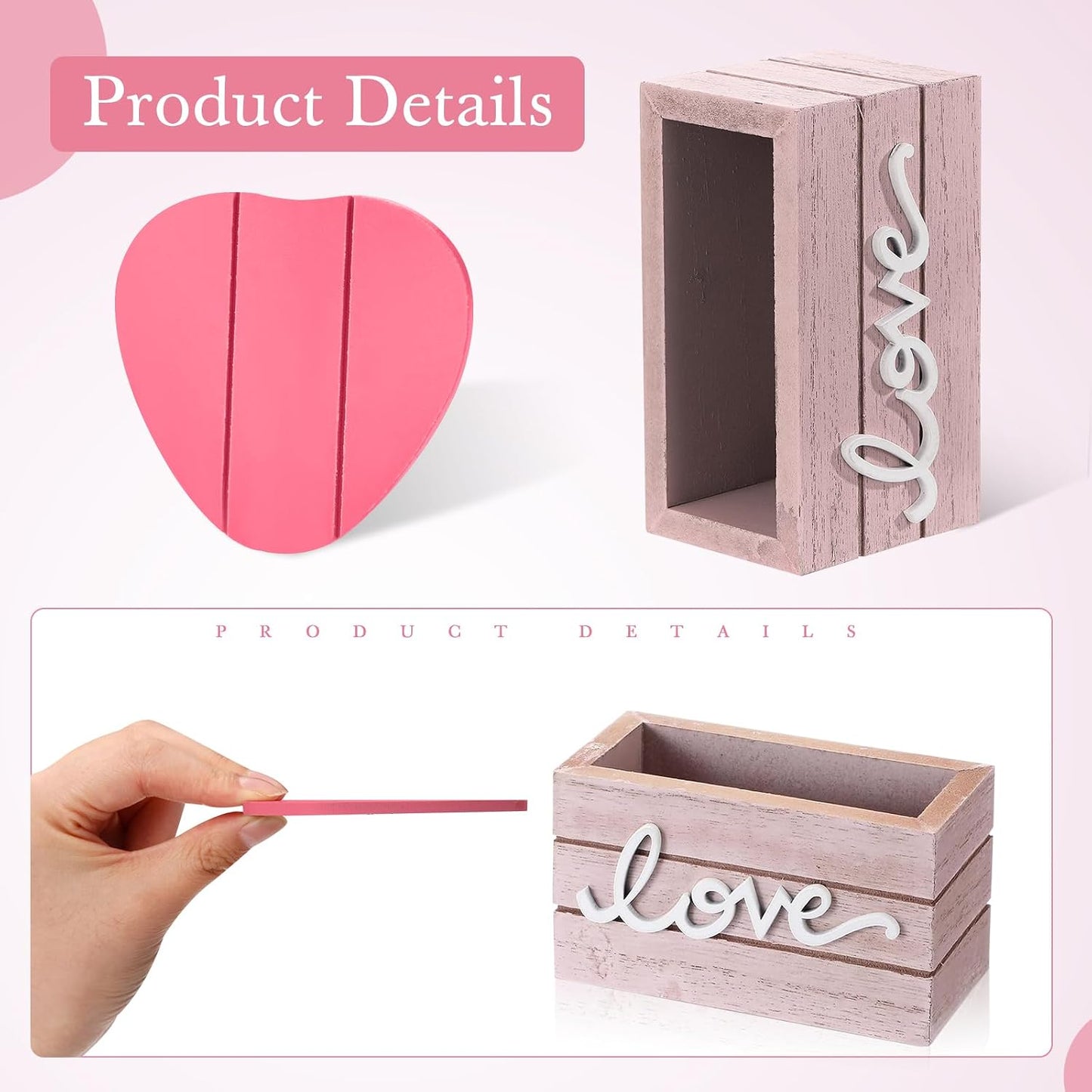Patelai Set of 6 Wooden Heart Coasters House Warming Gifts New Home White Elephant Gifts for Adults Funny Farmhouse Coasters with Holder for Coffee Table Protection Decoration(Love,Pink)