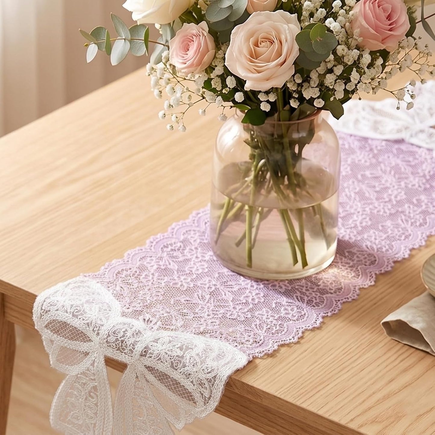 Pink Lace Table Runner with Big Bow Ends, Rectangle Cute Doily Table Runner Embroidered Pink Lace Tablecloth French Style Bow Tablecloth for Wedding Home Party Decor