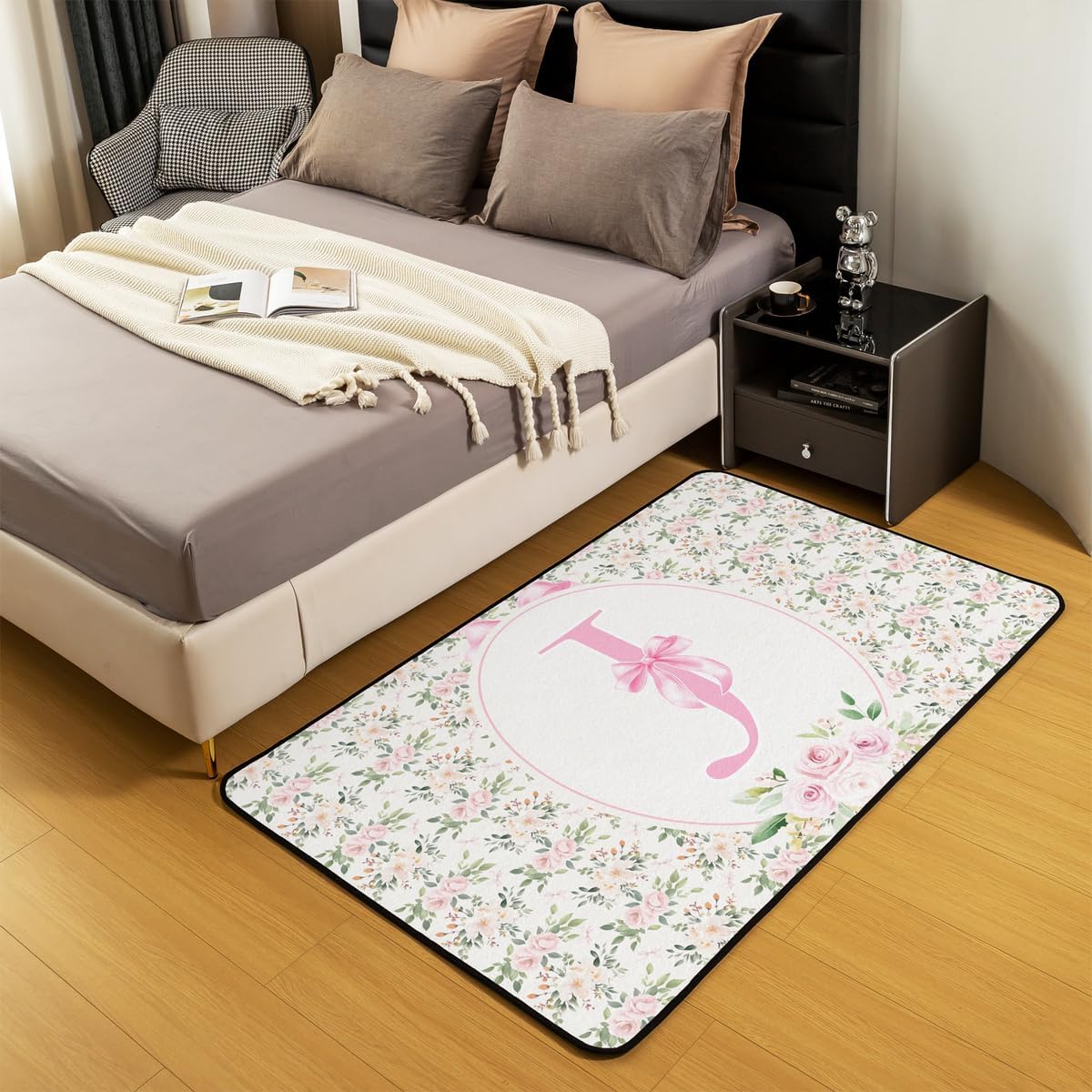 Erosebridal Peach Blossom Area Rug 4'11" x 3'3" Letter J Living Room Rugs Cute Bowknot Princess Coquette Decorative Carpet Pink Bow Fashion Preppy Dreamy Indoor Floor Mat
