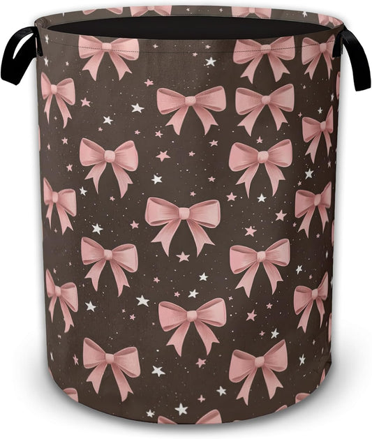 Pink Bows Laundry Basket,Cute Collapsible Laundry Baskets with Handles,Waterproof Oxford Cloth Hamper,Storage Organizer for Bathroom Bedroom Dorm