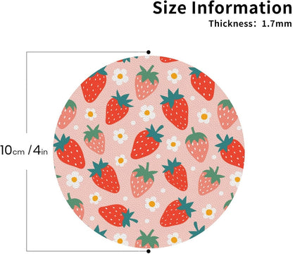 Strawberry and Flowers Cute Pink 6 Pcs Drink Coasters - Leather Coasters Set - Resistant Round Coaster Non-Slip Table Mat - Kitchen Bar Home Decor Housewarming Gift