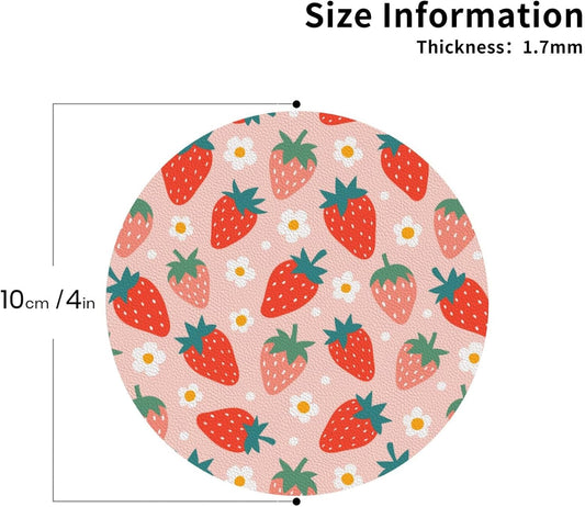 Strawberry and Flowers Cute Pink 6 Pcs Drink Coasters - Leather Coasters Set - Resistant Round Coaster Non-Slip Table Mat - Kitchen Bar Home Decor Housewarming Gift