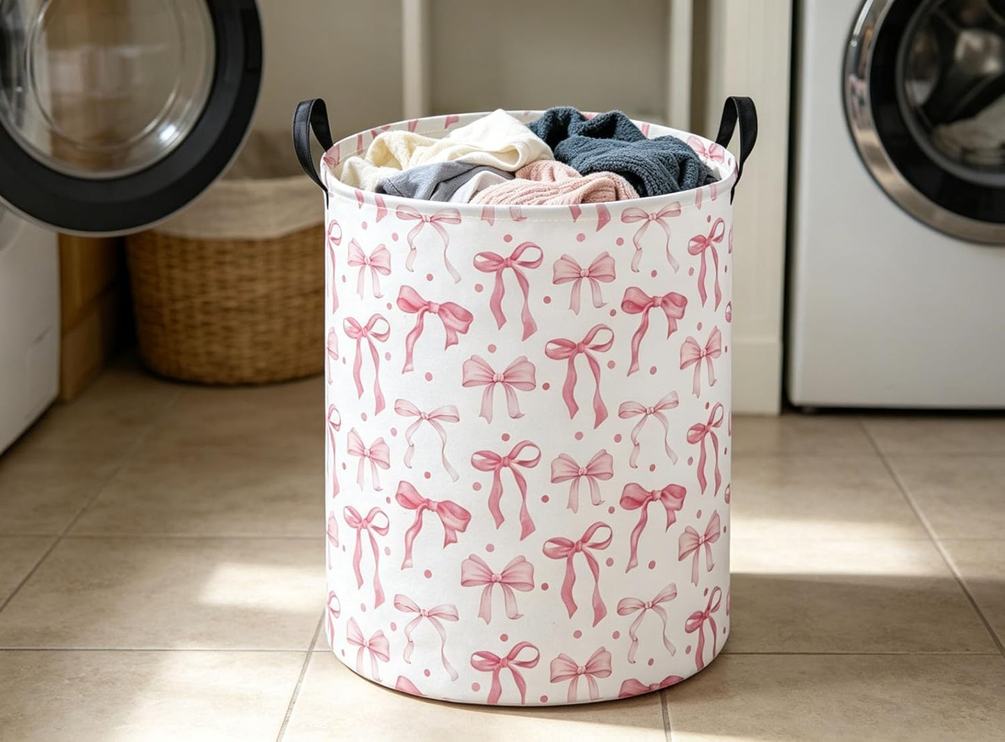 Girls Laundry Basket Pink Hamper for Nursery Bowkont Hamper Cute Storage Bin Organizer Room Decor for Home(Pink bowkont)